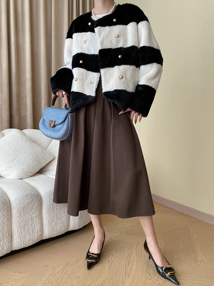 Color-block Stripe Big Size Warm Faux Fur Jacket New Round Neck Long Sleeve Women Coat Fashion Autumn Winter 2023 O732