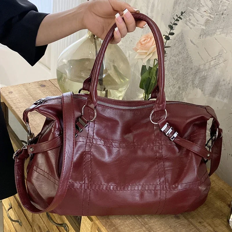 Women\'s Wine Red Commuter Shoulder Bag Large Pu Leather Retro Elegant Tote Handbags for Female Ladies\' Aesthetic Messenger Bags