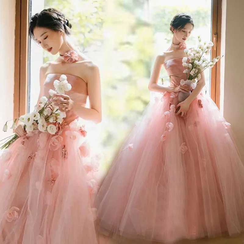 Strapless tube top evening dress three-dimensional flower bridesmaid wedding dress pink wedding dresses for women