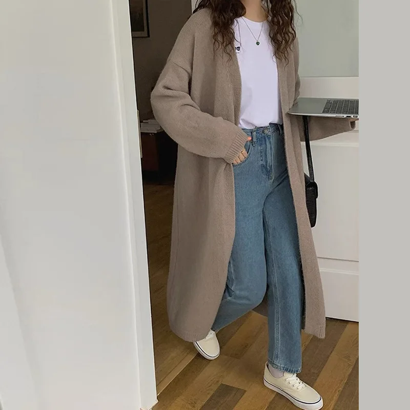 

Knitted Cardigan Sweaters Women Long Solid Jumpers V Neck Long Sleeve Open Stitch Slight Stretch Loose Casual 2025 Autumn Winter