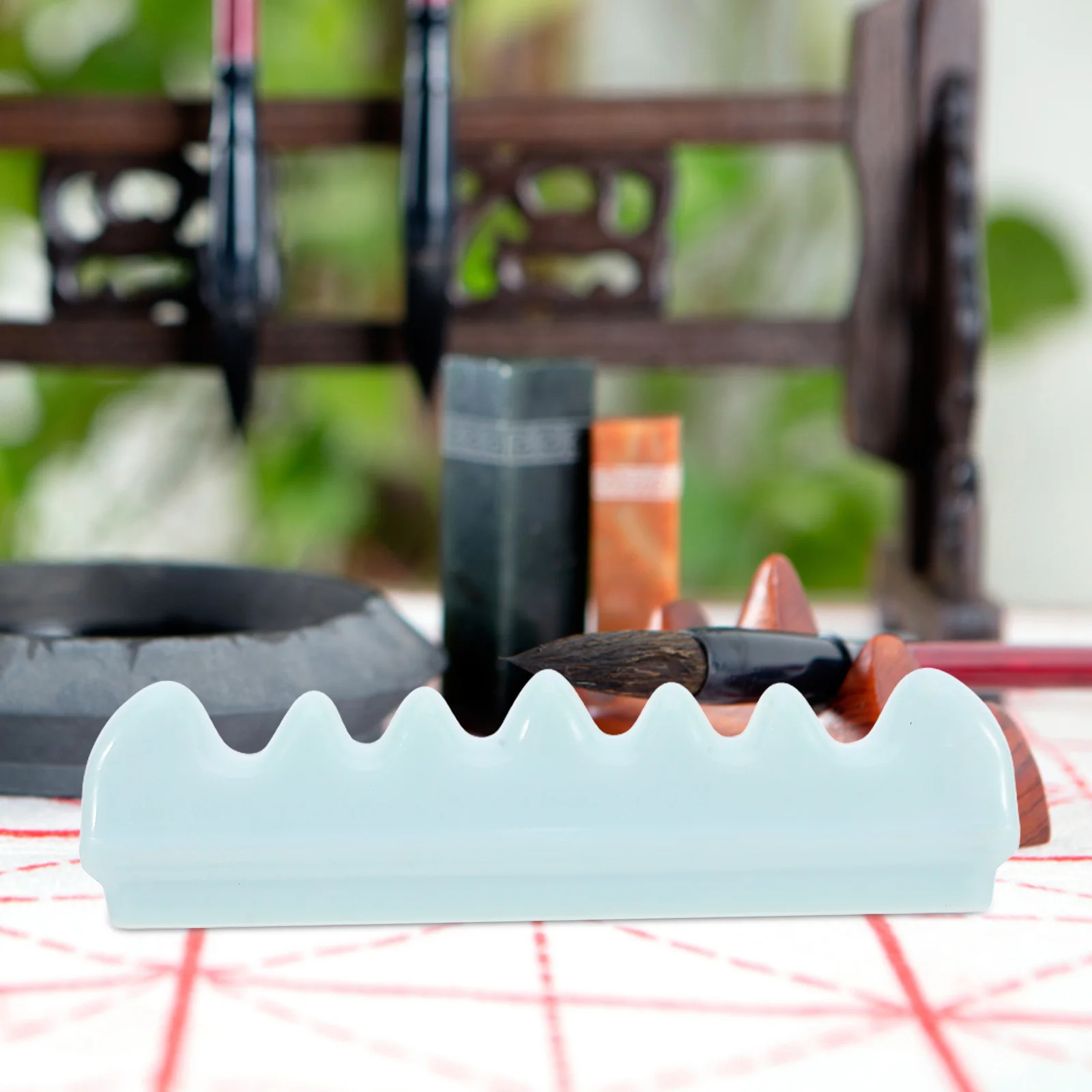 

Ceramic Brush Holder Jade Green Glaze Elegant Calligraphy Brush Rest Office Desk Organizer Decorative Pen Stand for Writing