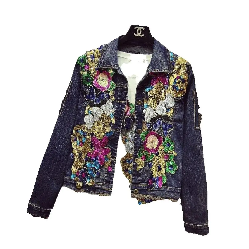 Europe Station Spring And Autumn Newcowboy  Jacket Female Korean Version With Holes And Diamonds Embroidered Long Sleeve Jacket.