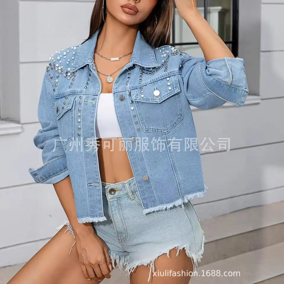 Denim Coat Single Breasted Women Jackets Long Sleeve Outerwear Coats Turn Down Collar Rivet Spliced Pockets Casual Washed