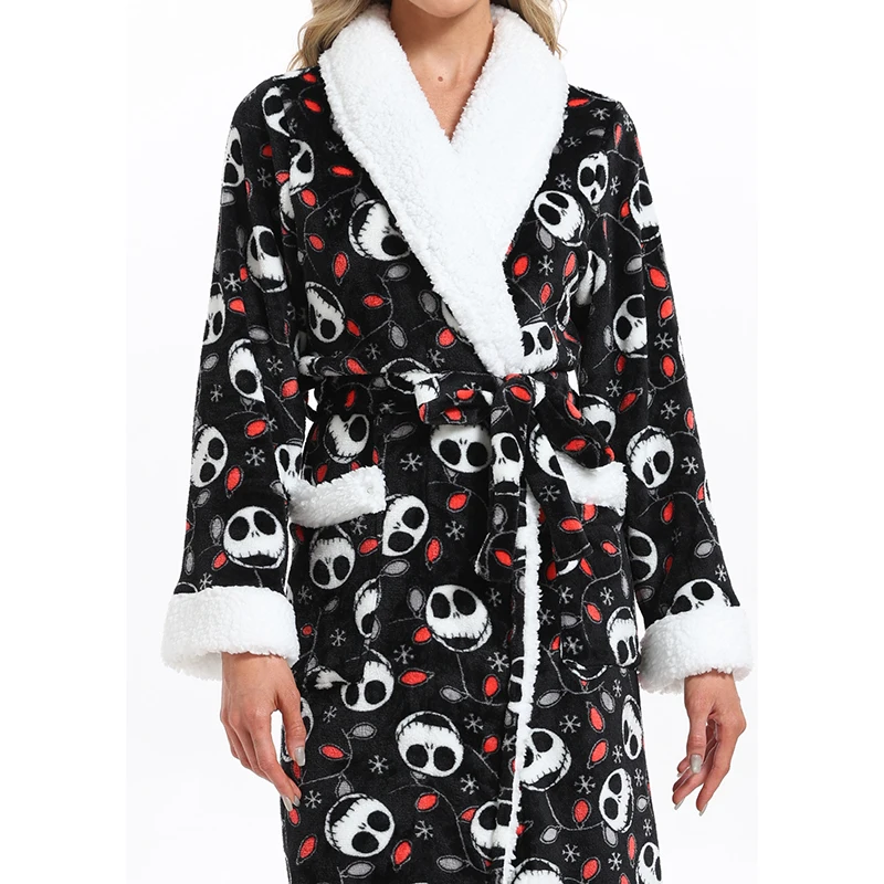 Winter Flannel Female Robe Kimono Gown Halloween Skull Bathrobe Thicken Warm Coral Fleece Bathrobe Loungewear Loose Sleepwear