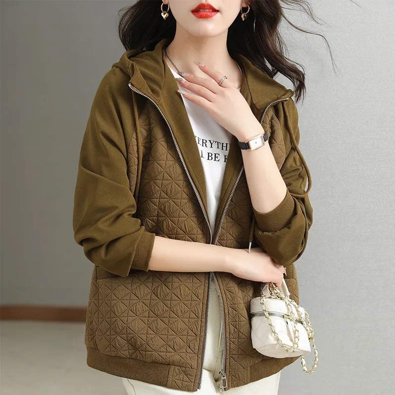 New Hooded Coat Women's High End Mother's Jacket Autumn Korean Casual loose Patchwork Outwear With Short Zipper Basic Coat