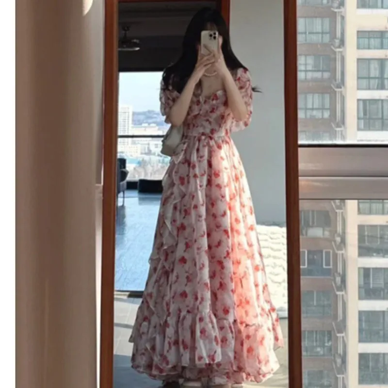 Spring and summer French pink printed off shoulder vacation style fashionable long skirt princess dress