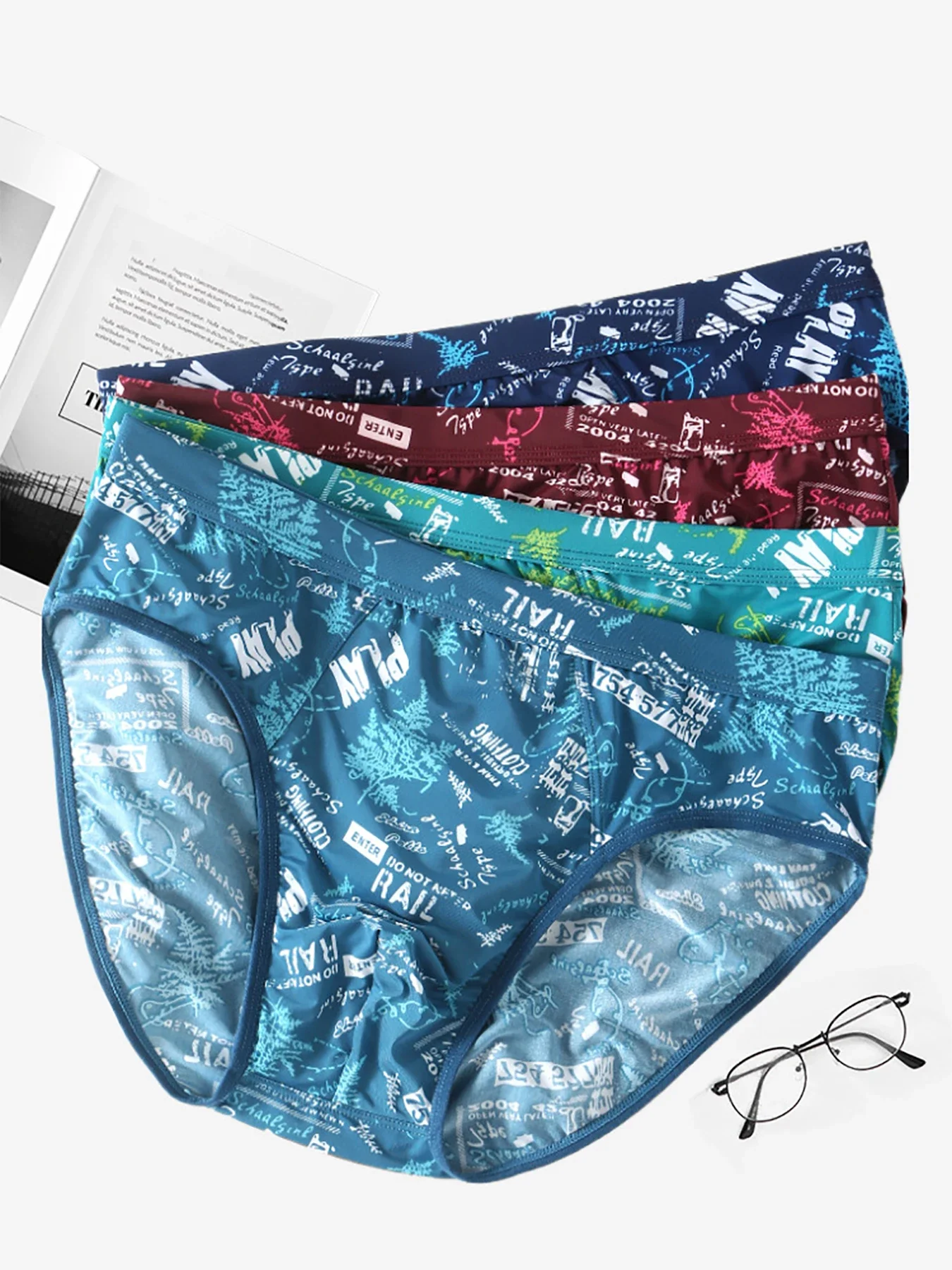 4PCS Men's Printed Ice Silk Triangle Underwear, Trendy Letter Pattern Breathable and Comfortable Underwear