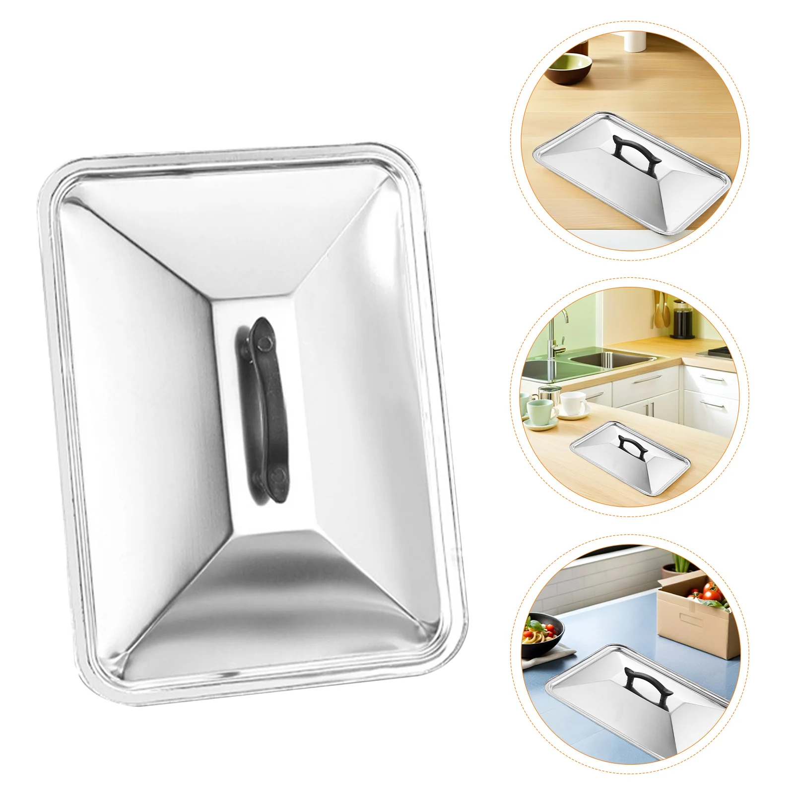 

Stainless Steel Rectangular Baking Pan Lid Splash Proof Pan Cover Heat Resistant Handle Spill Proof Pot Lid Deep Tray Cover