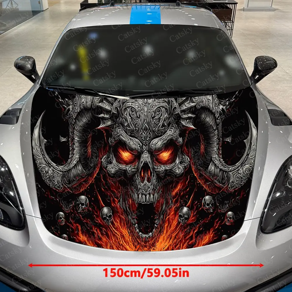 Flame-Patterned Demon Skull Car Vinyl Wrap, PVC Waterproof Car Hood Sticker, Self-Adhesive Scratch-Resistant Stickers