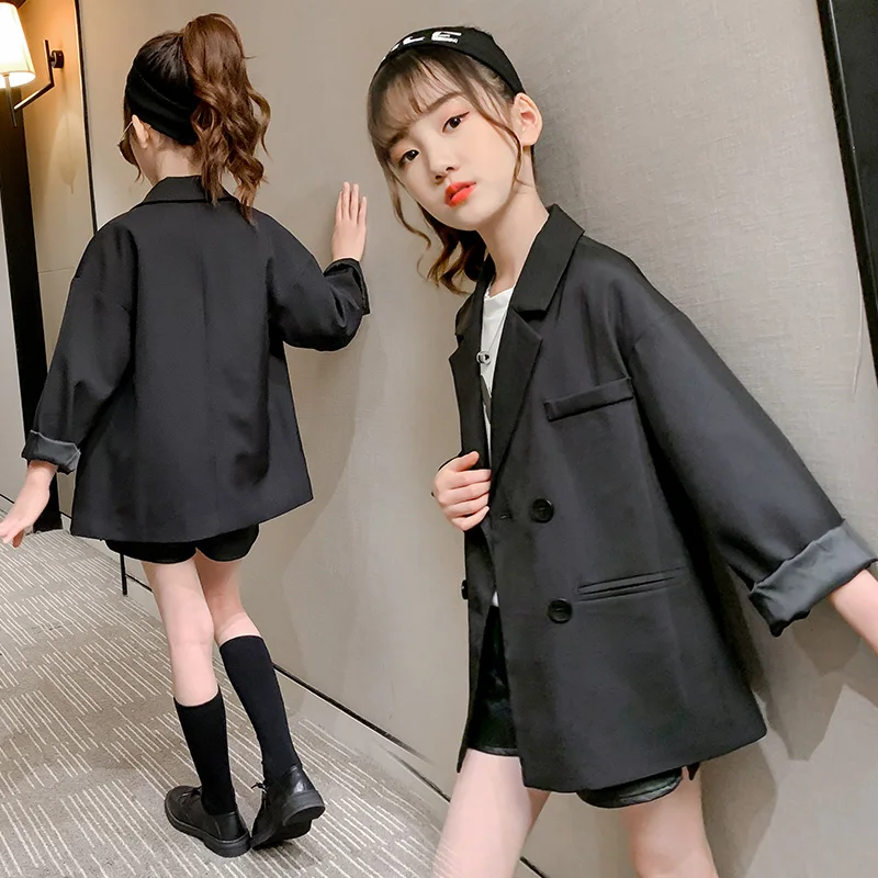 Elegant Children Blazer Coat Black Color Wedding Jacket for Girls England Style Formal Clothing Kids Loose Casual Suit Jacket