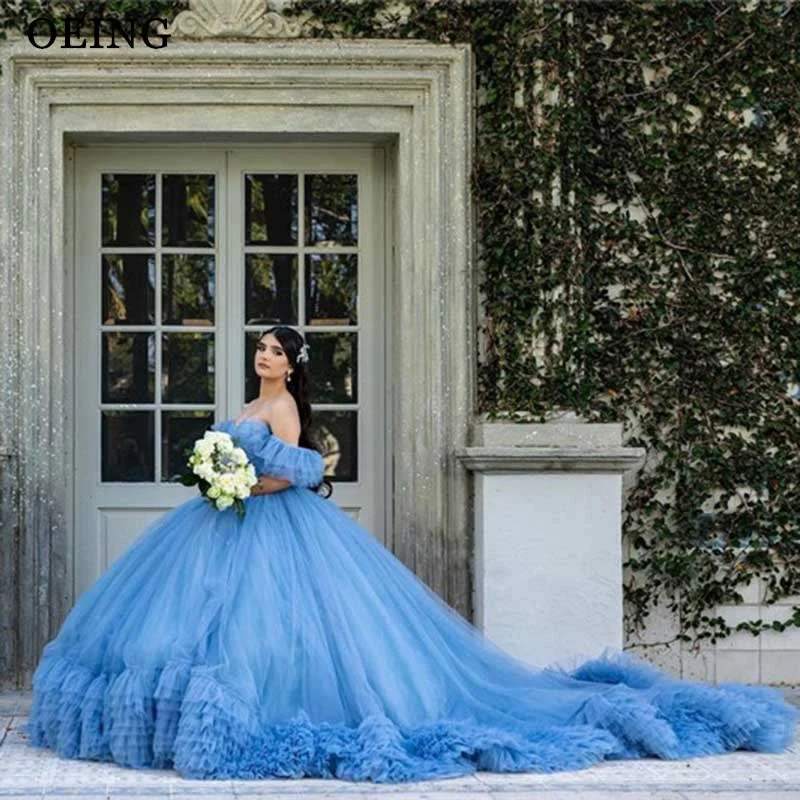 OEING-vestido De quinceañera con volantes y hombros descubiertos, traje De tul escalonado para fiesta De princesa, 15 Años, azul, dulce 16