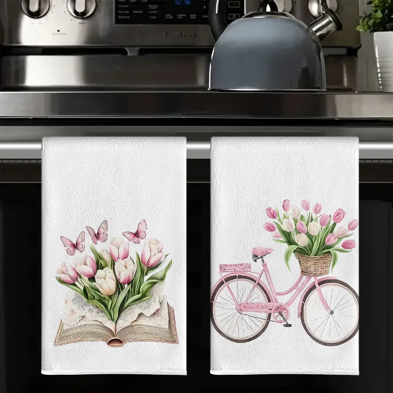 2Pcs, Pink Bicycle Tulip Bouquet Kitchen Towels, 40Cm*60Cm Towel Set, Super Absorbent Soft Cleaning Cloth, Cooking and Baking Tea Towel, Hand Towel, Cleaning Cloth, Dishwashing Cloth, Kitchen Decoration, Living Room Decorations, Kitchen Essentials, Home Essentials