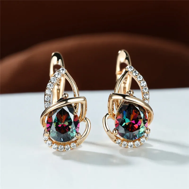 Vintage Female Crystal Geometry Small Earrings Charm Gold Color Hoop Earrings For Women Dainty Rainbow Zircon Wedding Earrings