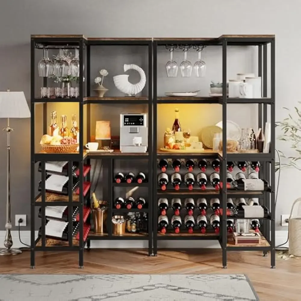 Rack de vinho de canto grande de 63 '', armário de barra de canto com tomada de energia e luz LED, armários de licor em forma de L de 5 camadas com suporte de vidro