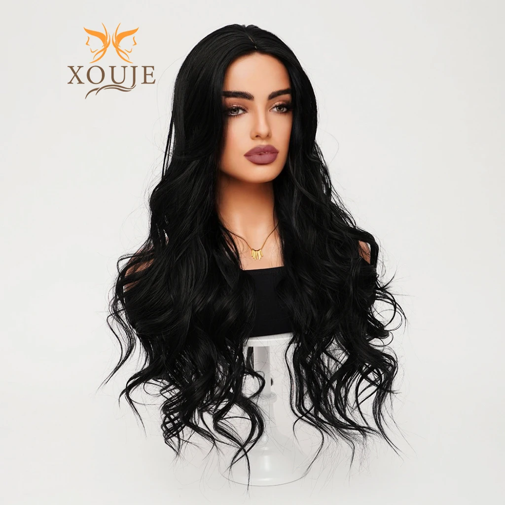 Black Wig Long Curly Synthetic Heat Resistant Wig Natural Wavy Center Parted Bangs Wig Daily Use Women\'s Holiday Prom Party