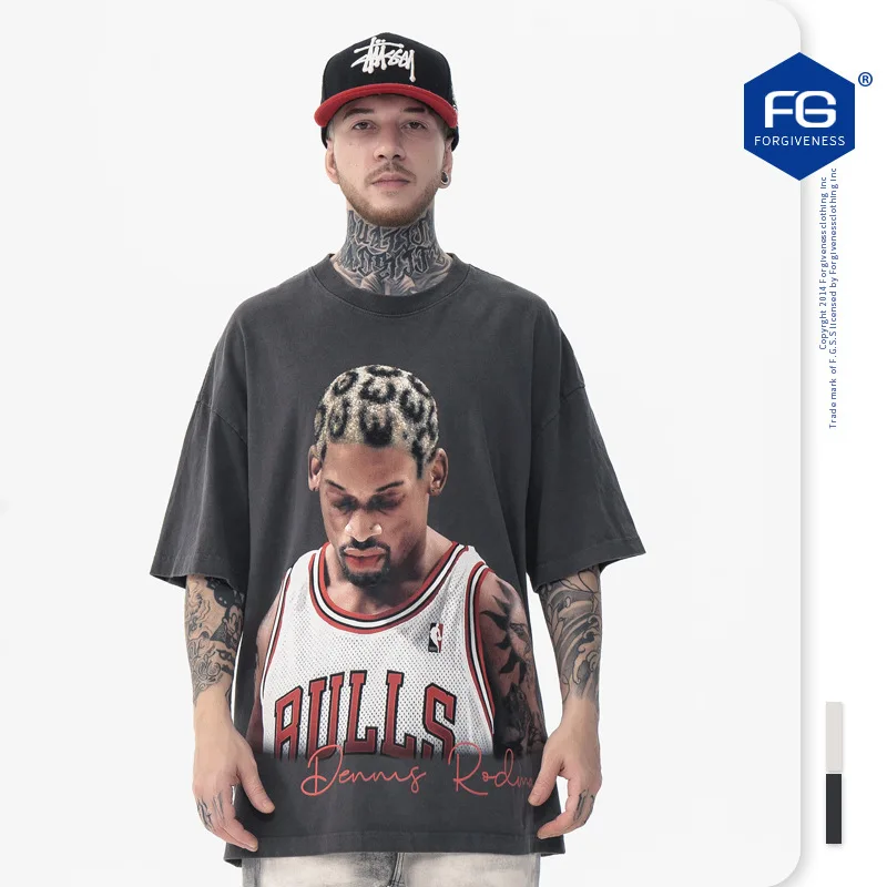 

Мужская футболка с коротким рукавом в стиле ретро, с эффектом потертости, модная городская, из хлопка, с круглым вырезом, свободного кроя, летняя новинка, с принтом, в китайском стиле