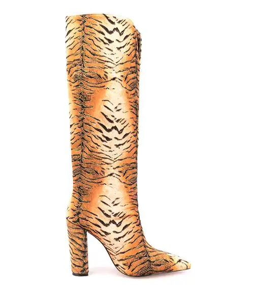 Winter Brown Tiger Animal Print Pointed Toe Tube Long Botas Shoes Women Run Way Fashion Slip On Knee High Boots Lady Size 47