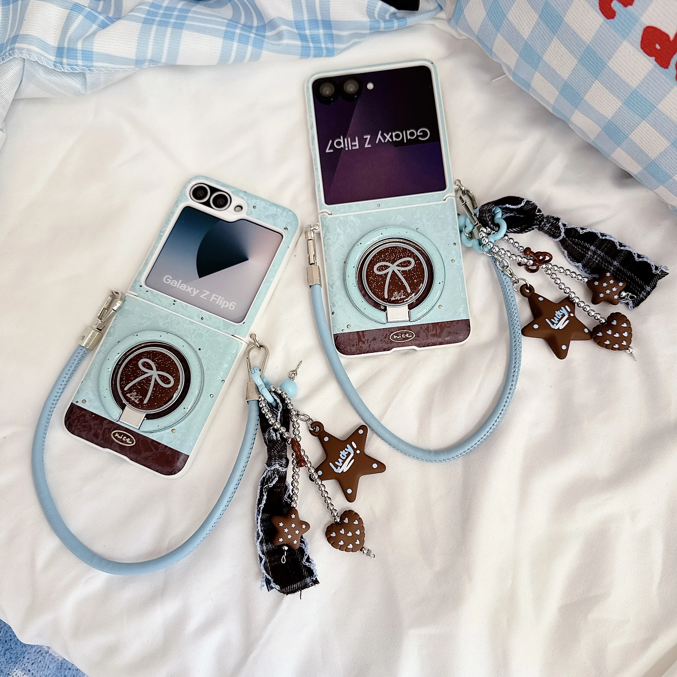 Back Cover For Samsung Galaxy Z Flip 5 6 7 Case Bowknot Bracket Magnetic Attraction Star Love Hand Straps Shockproof Phone Case