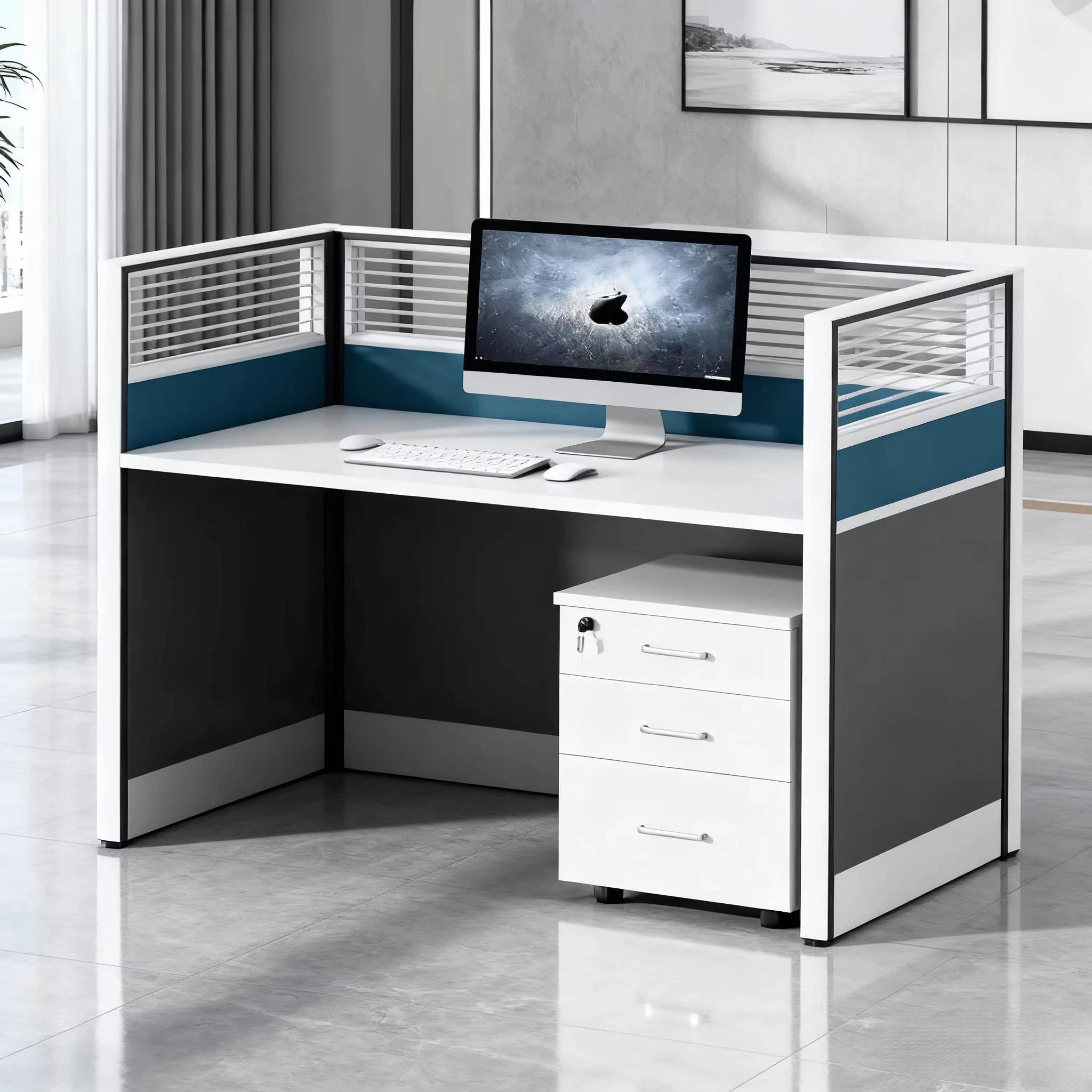 Modern Commercial Workstation Desks With Baffles, High-quality Blue Office Furniture For Companies