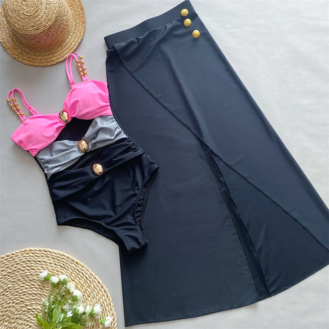 S - XL Sexy, mit Ausschnitten und Knoten versehener Rock, einteiliger Badeanzug, Damen-Badebekleidung, Damen-Badeanzug mit Falten, Badeanzug, Modell V5423. – Detail 9