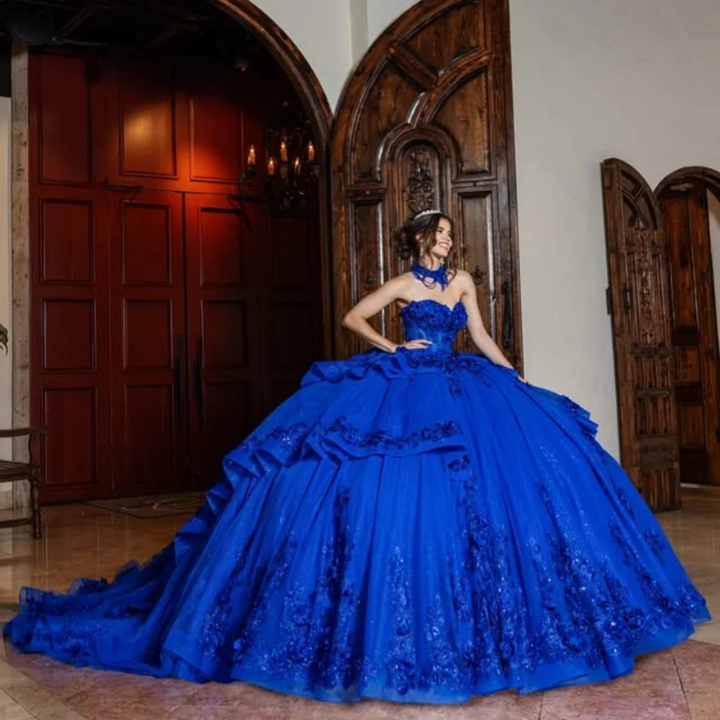

Royal Blue Quinceanera Dresses off-shoulder Decal 3D Flower Lace layering Long tail Vestido De 15 Quinceanera Customize