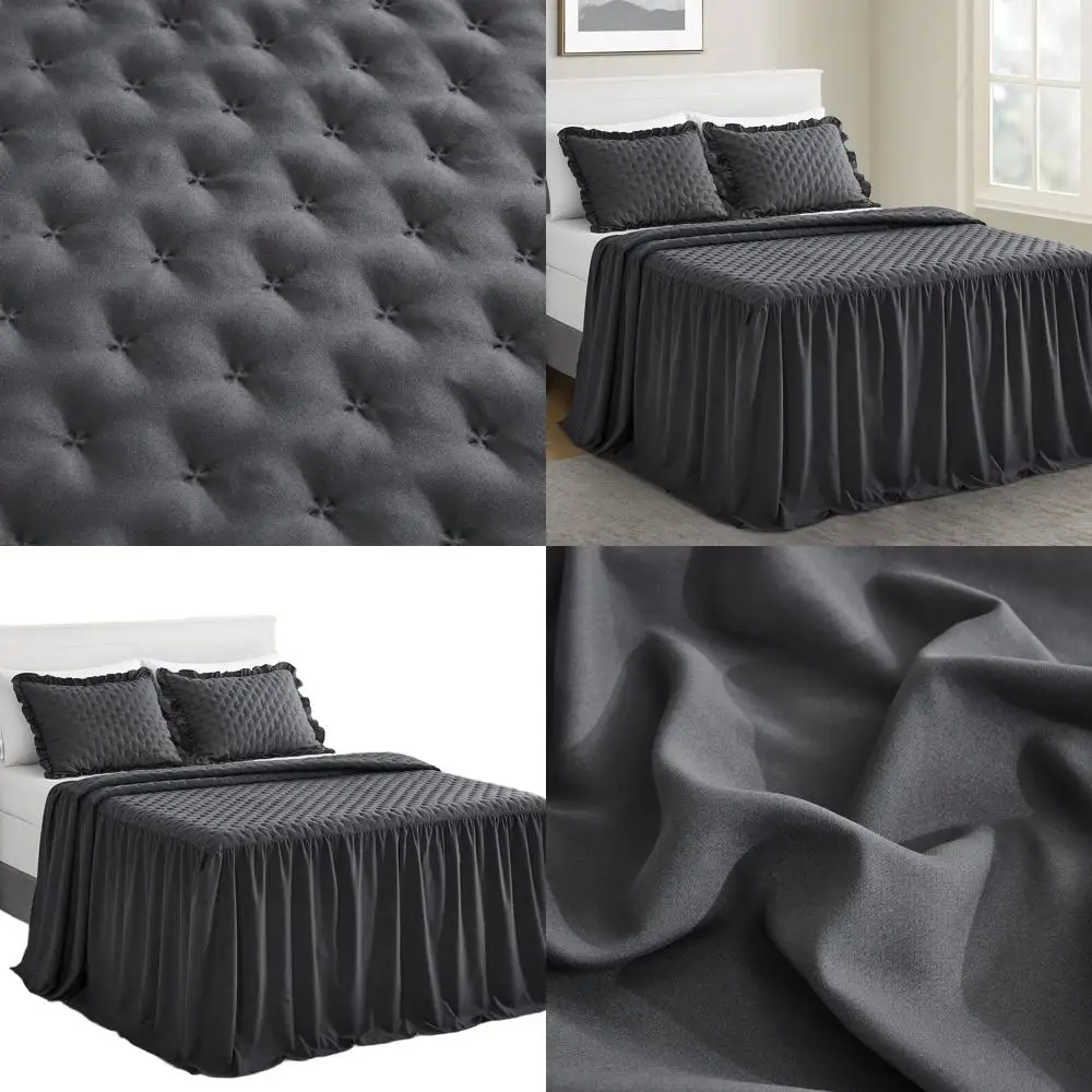 

King Size Ruffle Skirt Bedspread - 30 Drop, Shabby Chic & Farmhouse Design, Soft Lightweight 3-Piece Bedding Set, Dark Grey