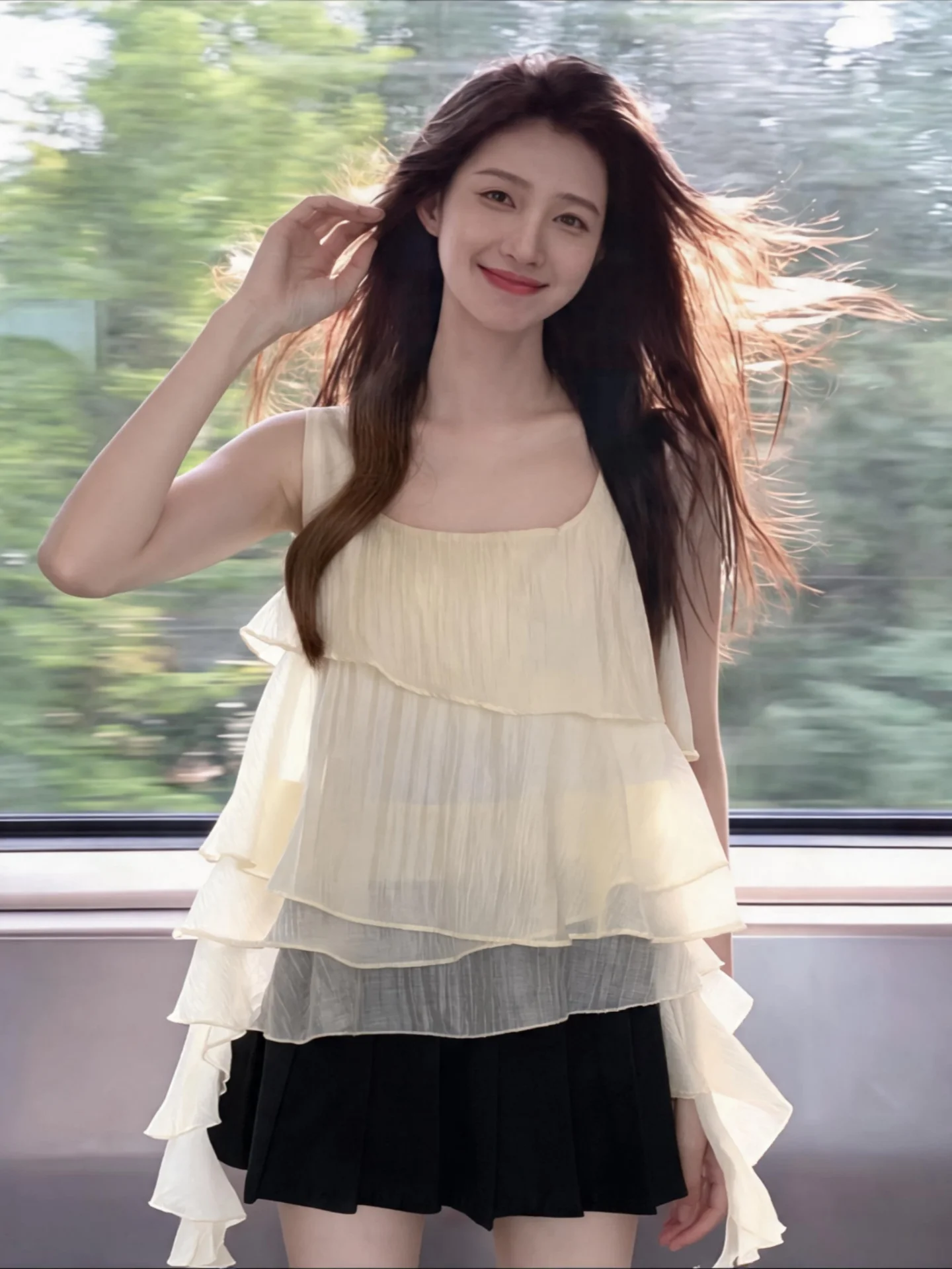Summer Women's Sleeveless Chiffon Vest Shirt Outerwear Large Size Slimming Design Floating Strap Square Collar Small Shirt