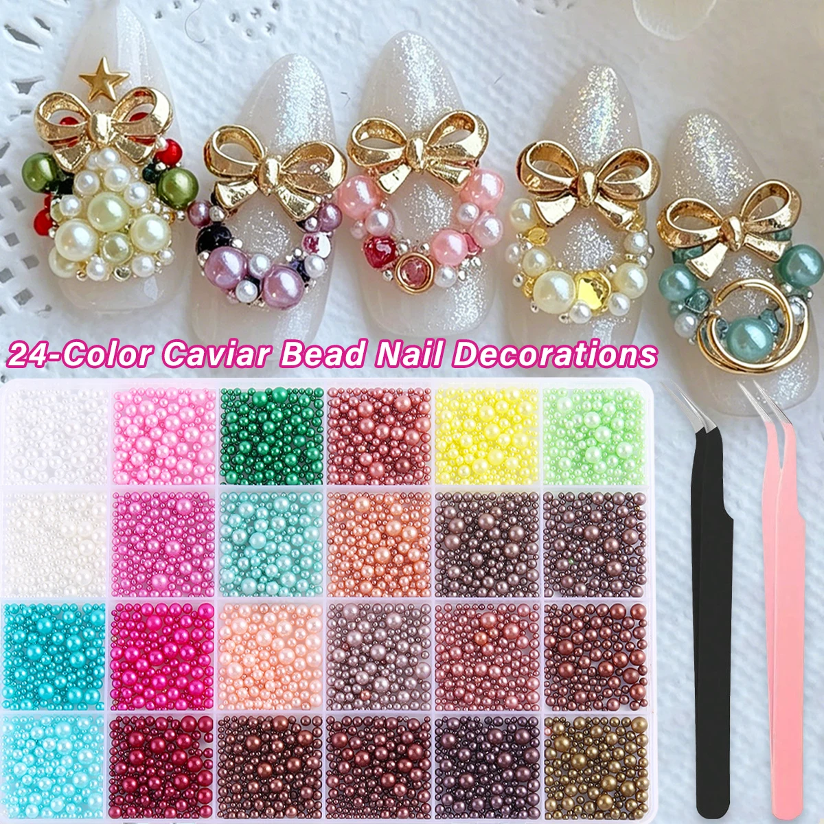 24 Colors Caviar Beads Nail Decorations Tiny Round Pearl Beads 3D Nail Art Charms DIY Manicure Accessories For Nail Salon