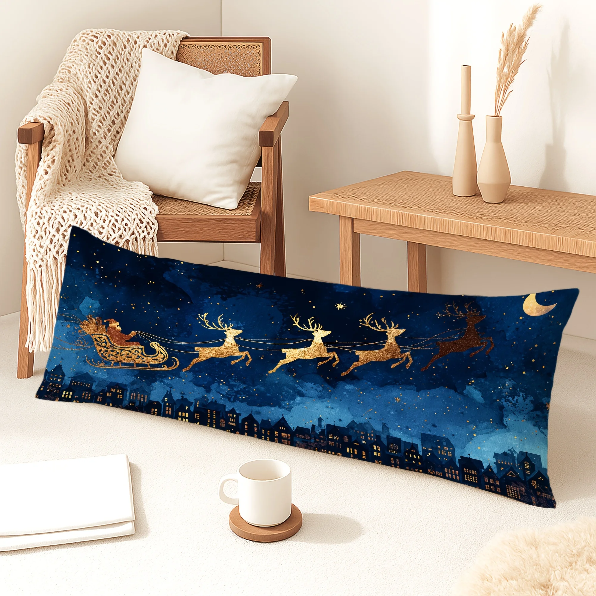 1pc Body Pillow Cover Christmas Decoration Santa Claus Reindeer Night Sky Stars 20*54 Inches Suitable for Living Room Bedroom So