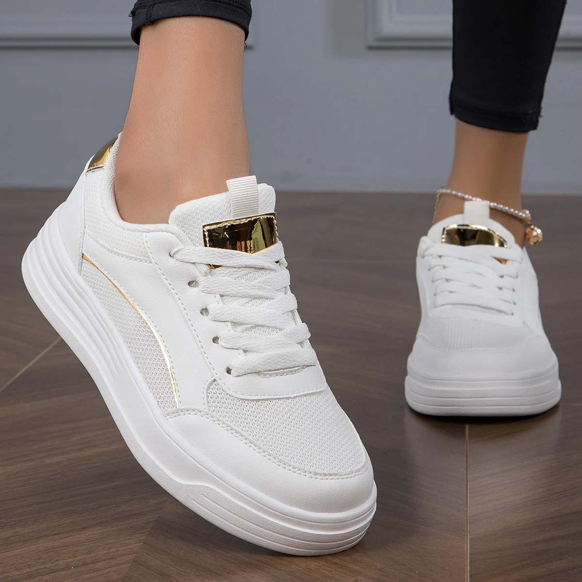 Dames Witte Schoenen Dames Sneakers 2024 Zomer Veters Dikke Onderkant Sportschoenen Vrouw Mesh Ademende Wandelschoenen Dames