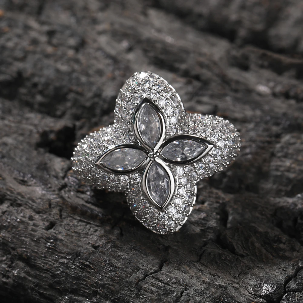 THE BLING KING Clover Flower Rings Micro Paved Out Green Cubic Zirconia Punk Ring Hiphop Jewelry For Men Women Party Gift