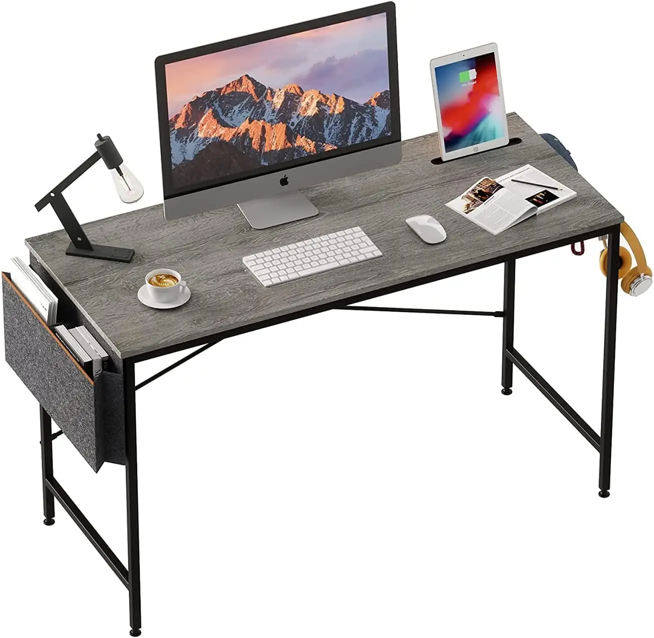 47 Zoll einfacher Stil tragbarer Tisch Büro aus Holz Desktop-Mount-Computer tisch mit Tasche und Eisen haken, graue Lesung