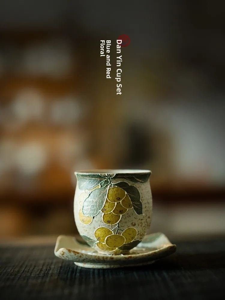 

TuoTu Blue And White Ceramic Tea Cup with Coaster Large Capacity Piled Carving Fortune Double Complete Chinese Style Tea Set