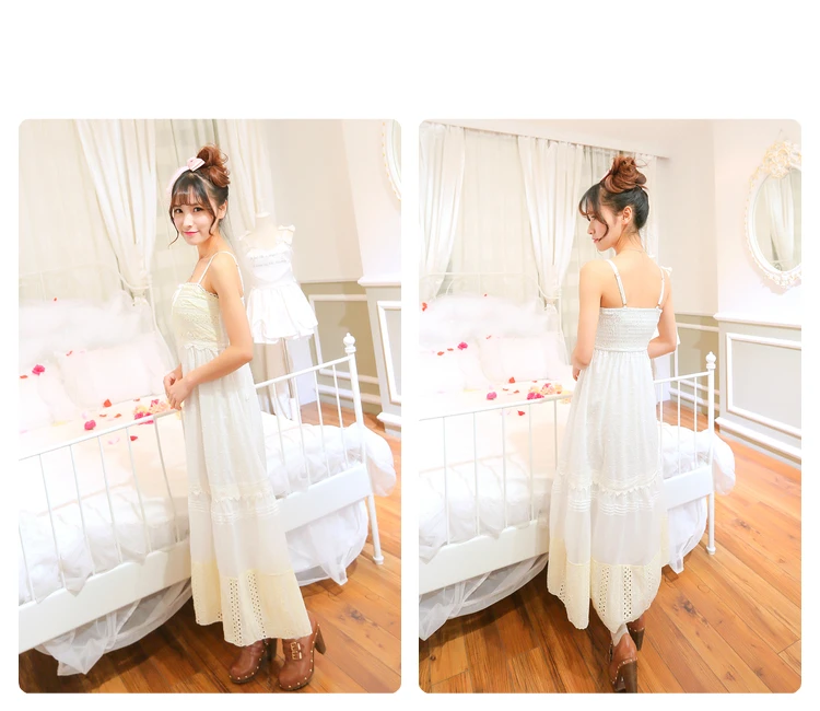 Sales Japan Liz Lisa White Cotton Lace Embroidery Suspender Long Dress Beach Dresses