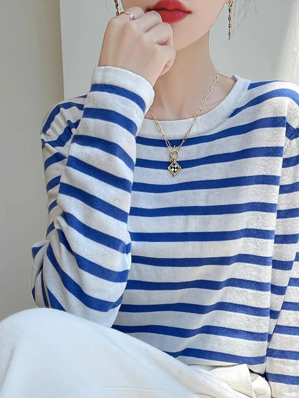 

Весна 2024, свободная трикотажная футболка Long Sve round Ne, женская базовая футболка irt Color Blo, полосатый топ для похудения