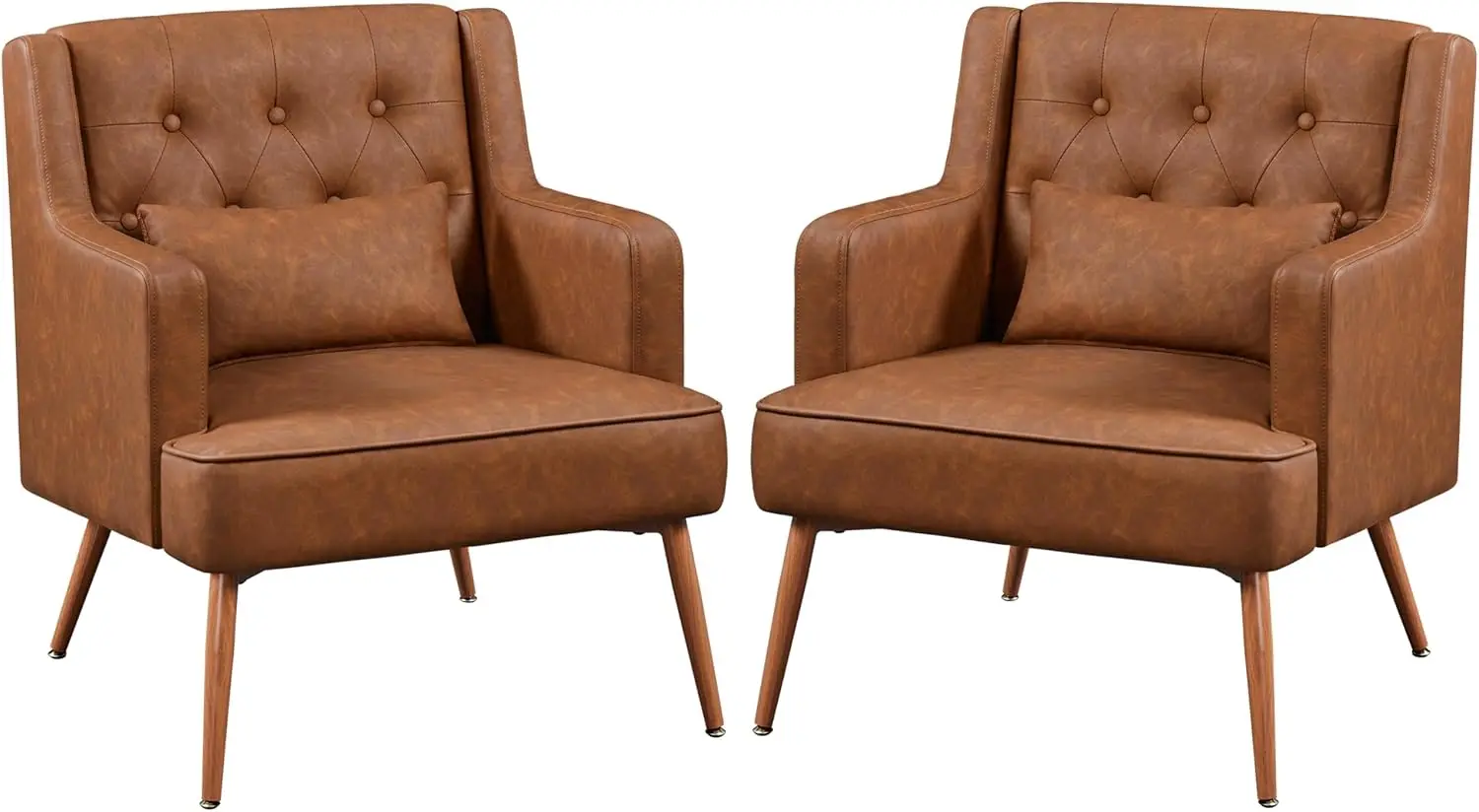 Accent Chair, Living Room Chair Mid Century PU Leather Armchair Lumbar Pillow, Brown 2PCS