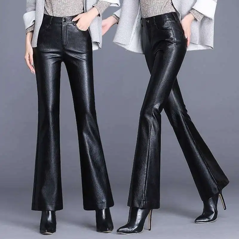 

Women Leather Pants High Waist Flared Slim Fit Side Pockets Solid Color Casual Party Fall Trousers Spring Autumn T627