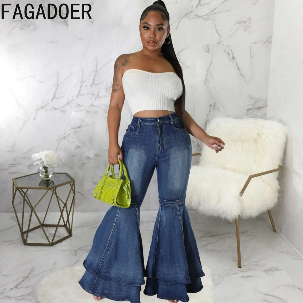 FAGADOER Fashion Washed Denim Pleated Flare Pants Women High Waisted Button Loose Wide Leg Jeans Trousers Female Cowboy Bottoms