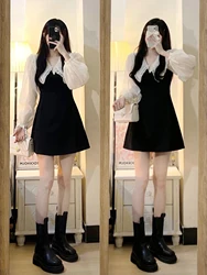 Elegant Long Sleeve Short Dress Women's Early Spring High Waist Slimming Fairy Skirt Korean Style Commute Pure Color A-Line D...