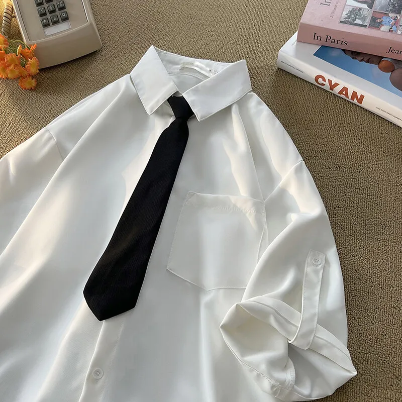 Classic Plain Tie Flap Collar Short Sleeve Shirt Casual Shirt 2025 Summer Blouse Trendy Youth Half Sleeve Loose Fit Shirts