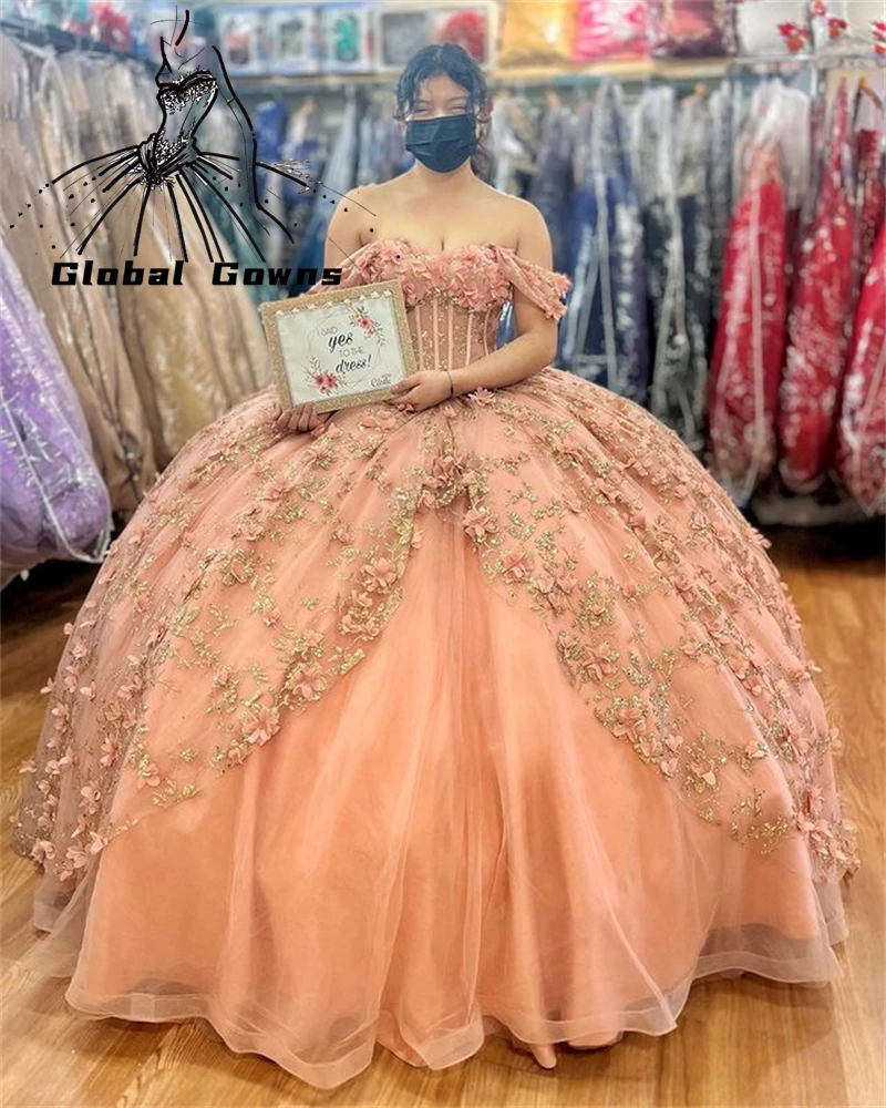 

Princess Off The Shoulder Ball Gown Quinceanera Dresses For Girls Beaded Celebrity Party Gowns 3D Flowers Graduation Vestido De