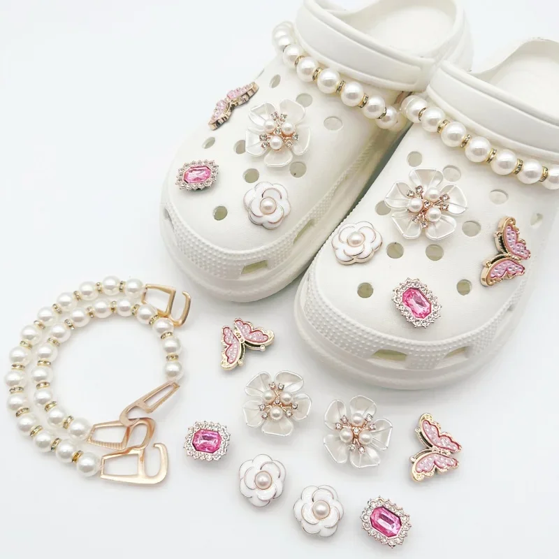 New Fashion Set Hole Shoe Charms Accessories Shoe Buckle Cute Pearl Glasses Water Diamond Chain DIY 3D Shoes Decorations image 4
