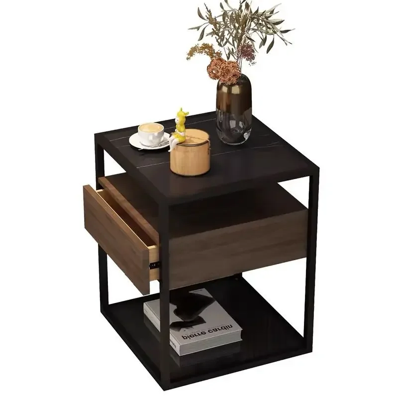 aSquare Glass Top Side Table Metal Frame Single Drawer Open Storage Layer Minimalist Sofa End Table For Living Room