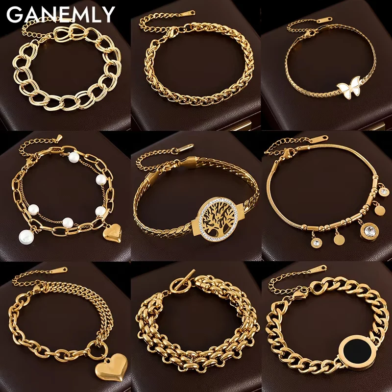 GANEMLY 316L Stainless Steel Gold Color Charm Bracelet For Women Fashion Trendy Wrist Chain Jewelry Gift Party pulseras mujer