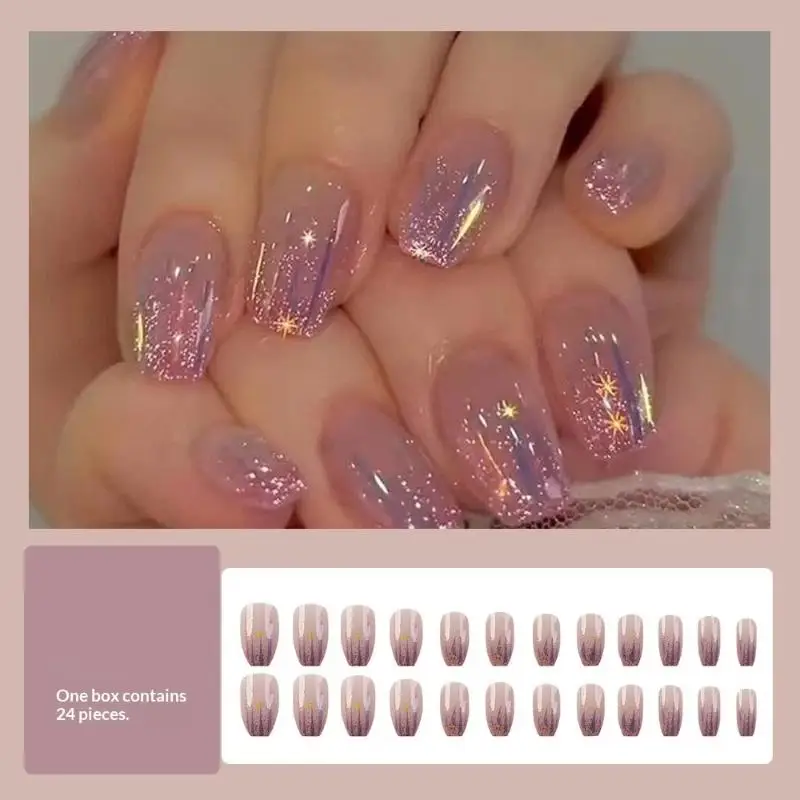 24PCS Glitter Crush Press-On Nails – Short Square Shape With Mirror Powder Accents Dazzling Fragmented Design