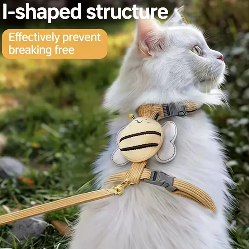 Adjustable Cartoon Bee Cat Harness Leash Collar Set For Small Medium Dogs - Double Layer Outdoor Walking Pet Harness With Collar