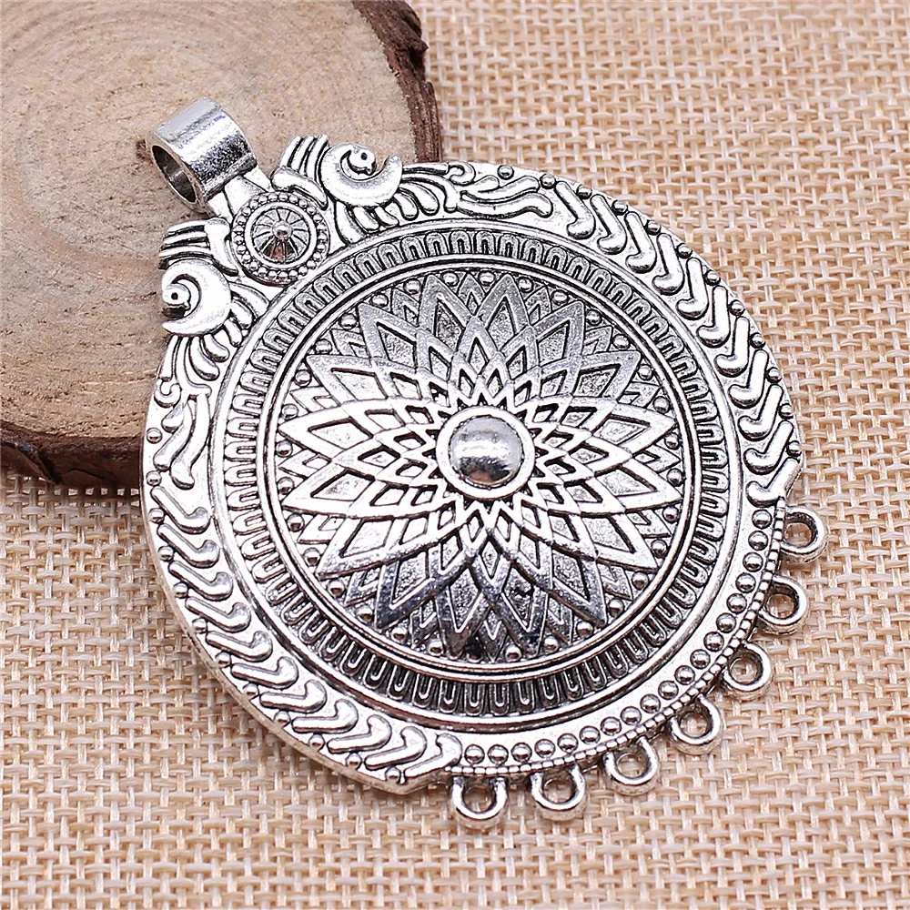 WYSIWYG 1pcs 57x71mm Carved Large Round Wafer Charms For Jewelry Making Antique Silver Color Necklace Accessories