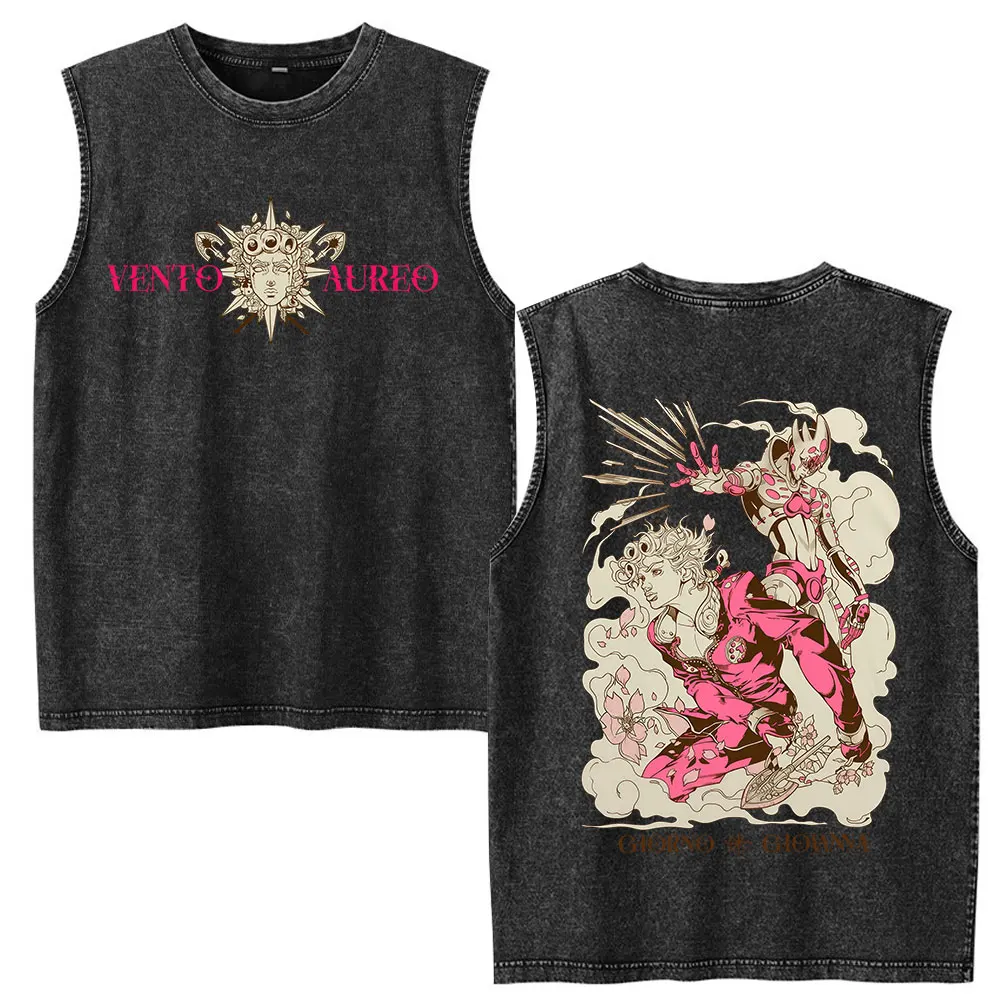 Anime Jojo Bizarre Adventure Dio Brando Jotaro Kujo Vintage Washed Tank Tops Men's Clothing Sleeveless Vest T-shirts Streetwear view 3