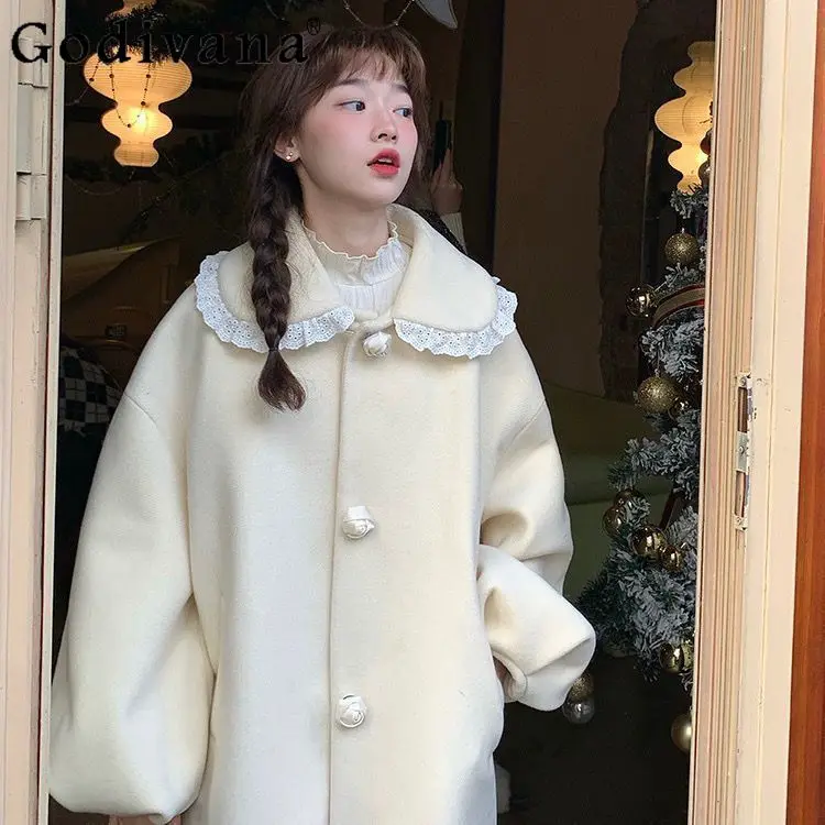 

French Romantic Chic Long Coat Women Winter Large Size Lantern Sleeves College Style Sweet Doll Neck Woolen Coat Women Clothing