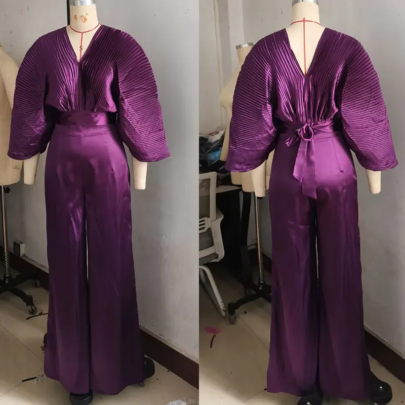 Solid Elegant Night Party Club Birhtday Outfit Women 2 Piece Set Loose Batwing Sleeve Pleat Top and Wide Leg Pants Matching Sets